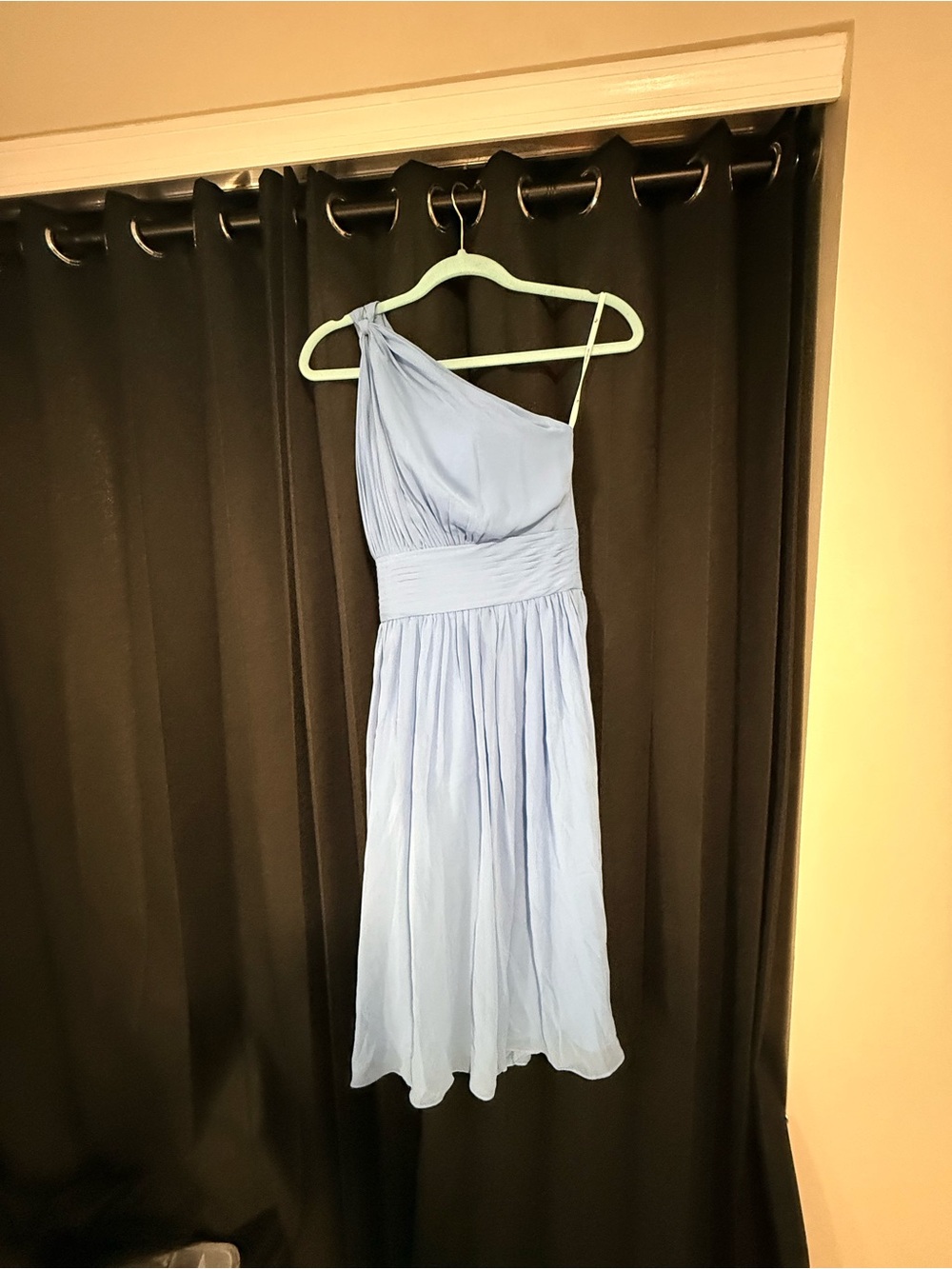 Sky Blue One-Shoulder Midi Dress with Ruched Waist bridesmaids dress